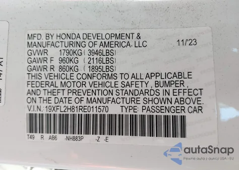 2024 Honda Civic Sport z USA, uszkodzony, nr VIN 19XFL2H81RE011570